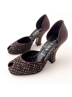 PRADA | Brown Tweed Leather Peep Toe D’Orsay Heels Pumps Vintage Y2K EU 36